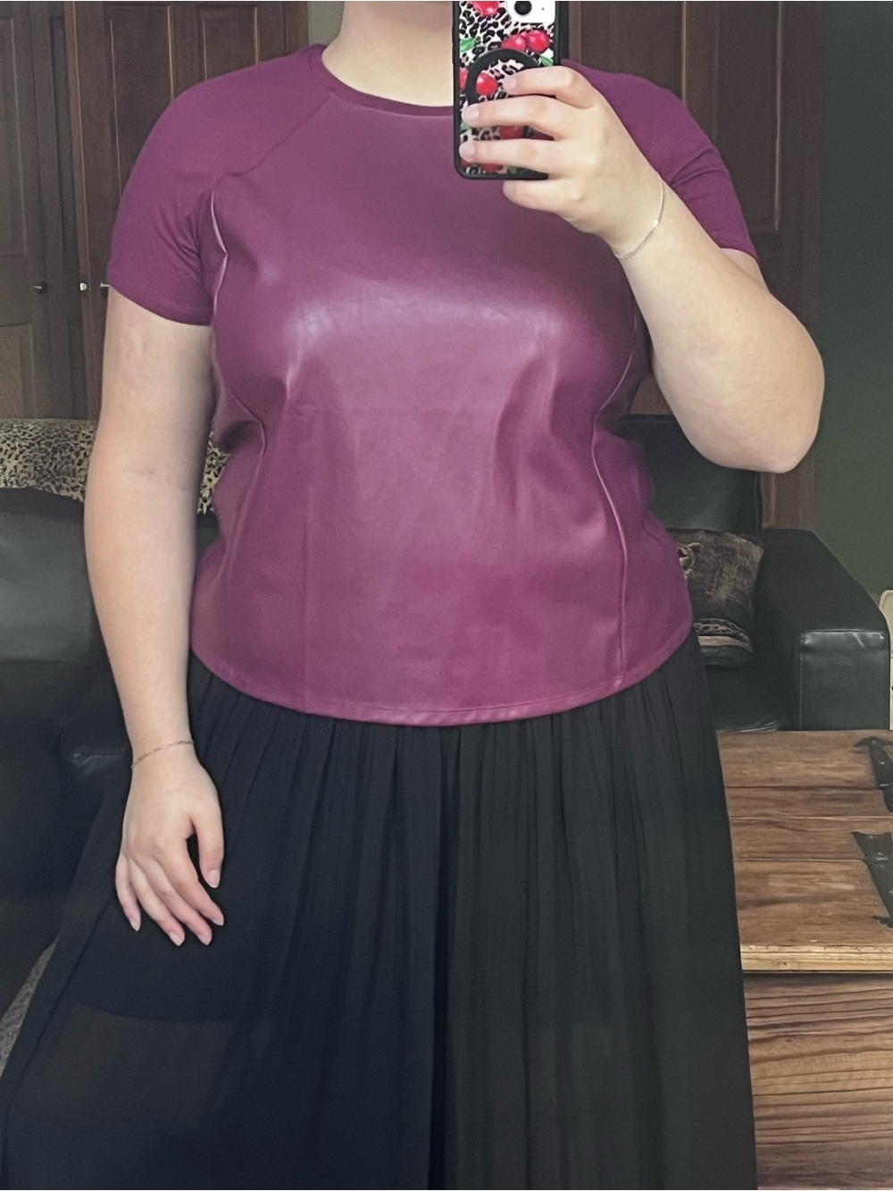 G by Giuliana Short-Sleeve Faux Leather Top in Berry Plum